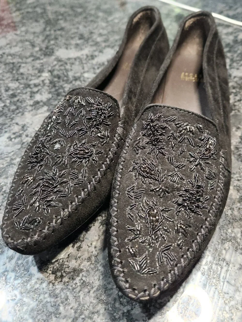Stuart Weitzman sequin embroidered black suede loafers